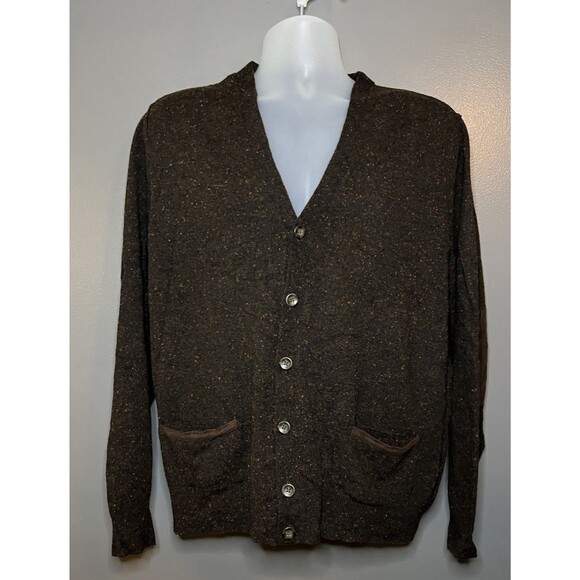Black Brown 1826 Italian Yarn Marled Cardigan Sweater Elbow Patches Men’s Large - Picture 1 of 6